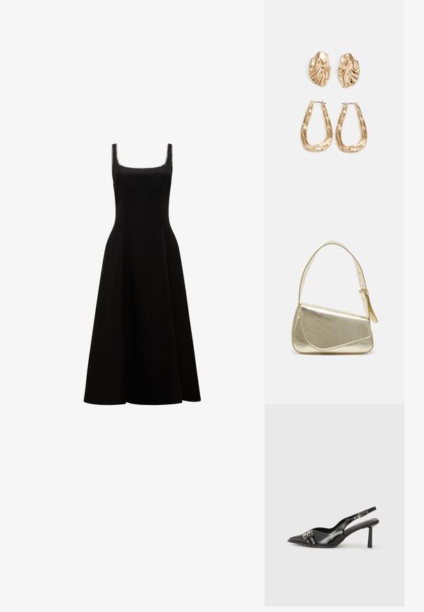 Forever New SOLENE CONTRAST WHIP STITCH MIDI - Koktailové šaty/večierkové šaty - black/white; Čierne lakované kožené slingback topánky s špicatou špičkou, remienkami okolo členku s striebornými prackami a hardvérom, a štíhlým podpätkom.; Zlatá metalická kabelka so štruktúrovaným dizajnom, hladkou textúrou a nastaviteľným popruhom. Obsahuje jedinečný trojuholníkový tvar a minimalistické šitie.; Náušnice v zlatej farbe s textúrovanými, vlnitými tvarmi. Obsahujú sochárske klipsové náušnice a otvorený tvar krúžku s kladivkovým povrchom.