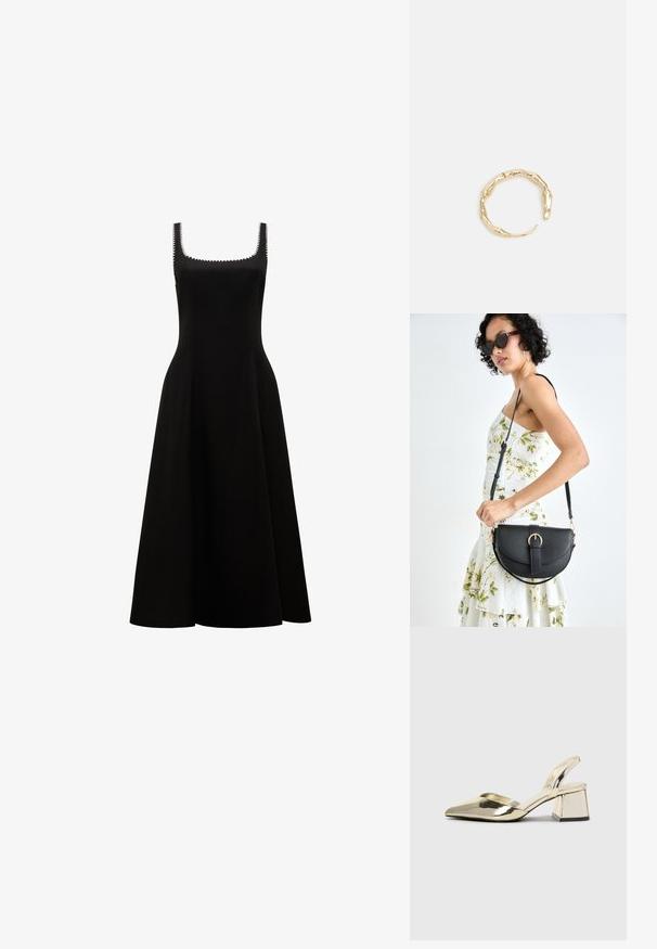 Forever New SOLENE CONTRAST WHIP STITCH MIDI - Kokteilinė suknelė / vakarėlių suknelė - black/white; Auksiniai, metaliniai slingback aukštakulniai bateliai su smailiu pirštu ir masyviu kulnu. Lygus paviršius, minimalizmo dizainas ir siaura juostelė.; Juodas odinis krepšys su išlenkta forma, nuimamu dirželiu ir auksiniais detalėmis. Krepšys turi kilpą su sagtimi.; Auksinės spalvos žiedas, turintis organišką, sukimosi dizainą su lygiu paviršiumi ir siaurėjančiais galais, sukuriantis modernią skulptūrinę išvaizdą.