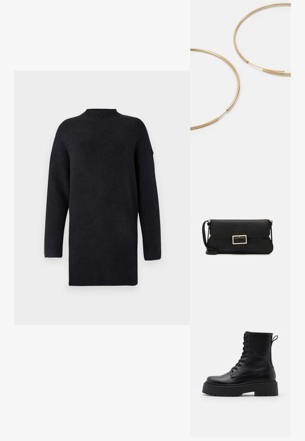 Maglione a maniche lunghe, di un blu navy scuro, lavorato a maglia con collo alto, texture a coste e cuciture delle spalle scese per un fit rilassato.; Stivaletti in pelle nera alla caviglia con punta rotonda, lace-up frontale e suola in gomma spessa con battistrada textured. Tassello sul retro.; Borsa a mano in pelle nera con patta e dettaglio in metallo dorato. Include una tracolla nera e un design elegante e minimalista.; Orecchini a cerchio color oro, sottili e rotondi, con una finitura metallica liscia e senza decorazioni o motivi.