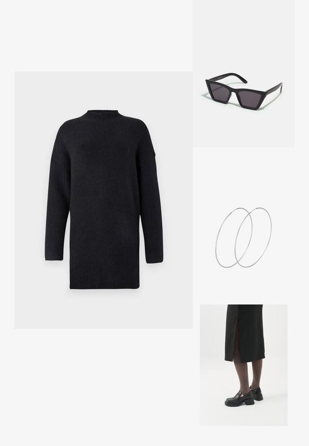 Maglione a maniche lunghe, di un blu navy scuro, lavorato a maglia con collo alto, texture a coste e cuciture delle spalle scese per un fit rilassato.; Scarpe in pelle nera con punta arrotondata, tacco spesso a blocco e accenti laterali in elastico, abbinate a collant scuri e una gonna nera con uno spacco.; Occhiali da sole neri e angolari con lenti grigie; realizzati in plastica, con aste spesse dalla superficie liscia e senza hardware visibile.; Orecchini a cerchio in argento con un design minimalista. Forma circolare, superficie liscia e profilo sottile. Leggeri con una finitura lucida.