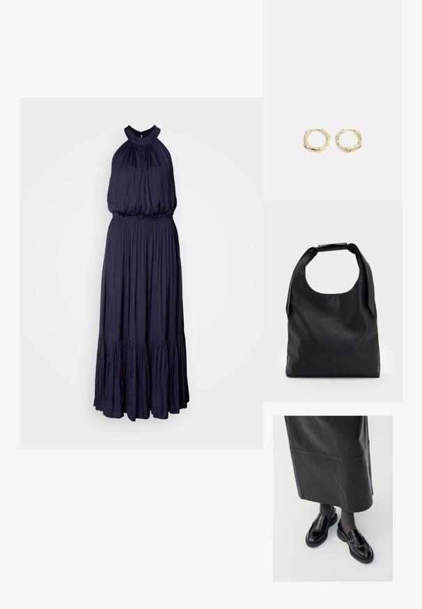 Sininen halterneck-mekko, joka on valmistettu pehmeästä ja virtaavasta kankaasta. Mekossa on kerätty päällinen, joustava vyötärö ja kerroksellinen röyhelöhelma.; Musta nahka loaferit sileällä pinnalla, jossa on koristeellinen hihna, pyöreä kärki ja teksturoitu pohja. Yhdistetty pitkän mustan nahkahameen kanssa.; Musta nahkainen hobo-laukku, jossa on yksi pehmeä, pyöreä kahva; ominaisuuksina sileä pinta ja minimalistinen muotoilu. Ei näkyvää metalliosaa tai koristeita.; Kultaiset renkaat, joissa on teksturoitu, epäsäännöllinen muoto. Varustettu saumattomalla suljinnalla ja kiillotetulla pinnalla, mikä korostaa modernia muotoilua.