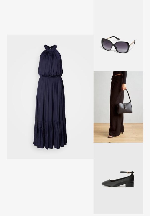 Tumesinine halterkleit, mis on valmistatud pehmest ja voolavast kangast, koos kummist vöökoht ja kihiliste volangitega hemiga.; Must mustaapp, millel on terav nina ja madal blokk-kand. Omab pahkluu rihma koos kuldse tooni pandlaga. Sile tekstuur.; Mustad ümarad päikeseglaasid, millel on gradient objektiivid, paksud raamid ja kuldse tooni kettaga kaunistused tempelitel.; Must musta kott, millel on struktureeritud kuju, sile tekstuur ja metallist klamber. Kombineeritud laiate mustade pükstega ja avatud varvaste sandaalidega puidust põrandal.