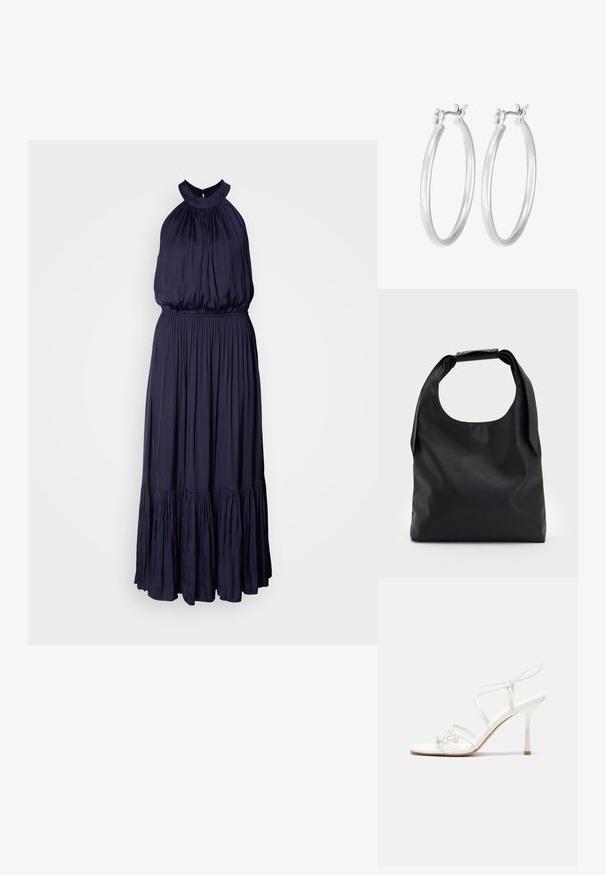 Mornarsko plava haljina bez rukava izrađena od mekog, lepršavog materijala, s nabranu torbicom, elastičnim strukom i višeslojnim volanima na rubu.; Bijele sandale s visokom potpeticom i trakama, ravno oblikovanim prstima, teksturiranim prednjim dijelom s naboranim detaljima i uskom trakicom oko gležnja.; Crna kožna hobo torba s jednim mekanim, zaobljenim ručkom; karakterizira je glatka tekstura i minimalistički dizajn. Nema vidljivih hardverskih detalja ili akcenata.; Srebrne kružne naušnice s glatkom, poliranom površinom. Okrugli oblik i sigurno kopčanje na klik. Lagani dizajn pogodan za svakodnevno nošenje.