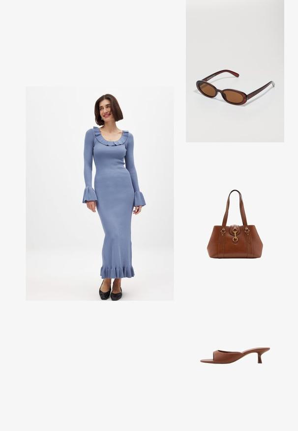 Langes, figurbetontes blaues Rippkleid mit einem gerafften Halsausschnitt und ausladenden Ärmeln, mit einem fransigen Saum und getragen mit schwarzen Schuhen.; Braune offene Absatzmules mit glatter, matter Oberfläche, die ein geschwungenes Design und einen transparenten, verjüngten Absatz aufweisen.; Runde, braun getönte Sonnenbrillen mit einem glänzenden burgunderfarbenen Rahmen. Schlanke Bügel mit dezentem Branding. Flaches Linsendesign.; Braune Lederhandtasche mit doppelt tragegriffen, runder Form, goldenen Beschlägen und einem zentralen Schnallen-Detail. Glatte Textur mit genähten Akzenten.