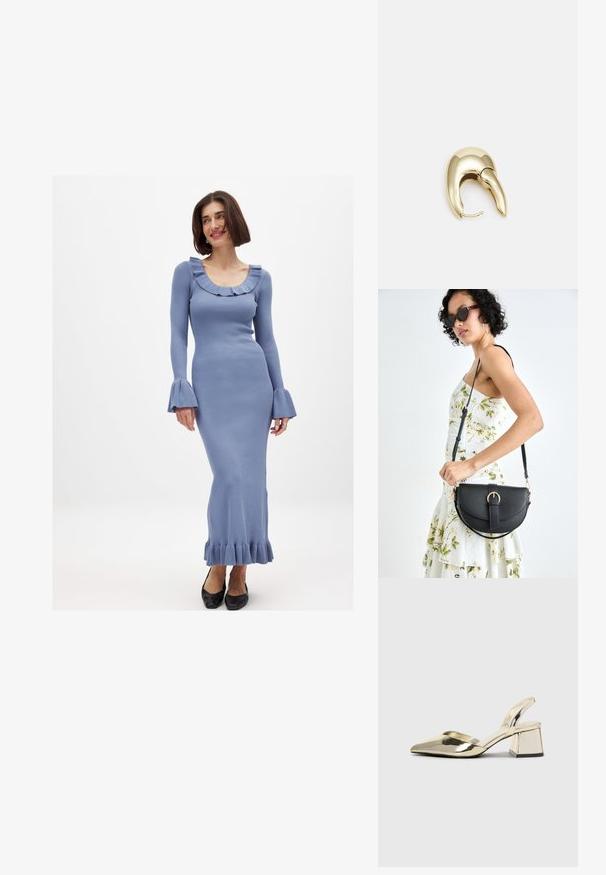 Lång, figurnära blå ribbad klänning med volangkrage och utsvängda ärmar, med en fransad nederkant och bärs med svarta skor.; Guld, metalliska slingback-klackar med spetsig tå och chunky klack. Slät textur, minimalistisk design och en smal rem.; Svart läderhandväska med en böjd form, avtagbar rem och guldiga detaljer. Väskan har ett lock med en spänndetalj.; Örhänge i guldtonad metall med en elegant, böjd design. Har en distinkt spetsig form, polerad yta och gångjärnslås.