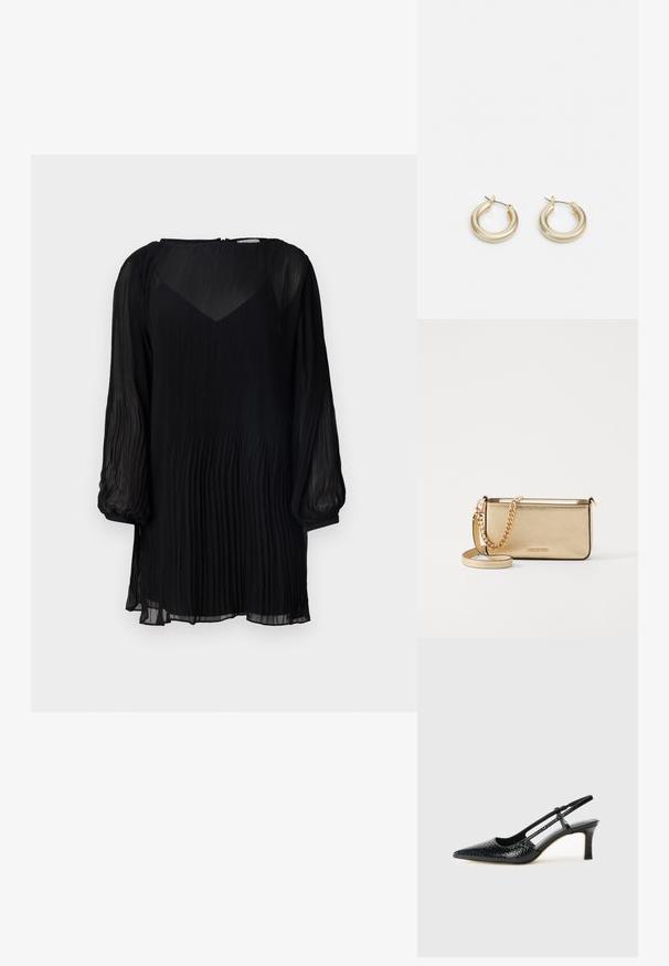 Fekete plissé ruha kerek nyakkivágással, hosszú puff ujjakkal és lágyan hullámzó sziluettel. Könnyű, texturált anyagból készült.; Fekete lakk slingback sarok, hegyes orral, texturált kígyómintával, állítható pánttal és rövid, texturált tömbsarkal.; Fémes arany bőr clutch táska textured felülettel, arany lánc pánttal és levehető vállpánttal. Márkájának logója debösszel.; Lauren Ralph Lauren BASIC SMALL HOOP - Fülbevalók - gold-coloured