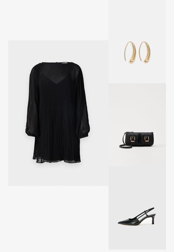 Vestido negro plisado con escote redondo, mangas abullonadas largas y una silueta fluida. Confeccionado en una tela ligera y texturizada.; Tacón slingback negro de charol con punta afilada, que presenta un estampado de serpiente texturizado, correa ajustable y un tacón bloque corto y texturizado.; Bolso cruzado de cuero negro con dos bolsillos frontales, hebillas doradas, cierre de cremallera y una correa delgada. Superficie texturizada y forma rectangular compacta.; Pendientes de aro de metal en tono dorado con una forma curva y alargada. Presentan una superficie lisa y brillante y una punta redondeada para mayor detalle.