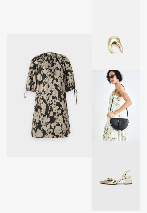 Kvetinové šaty čiernej a béžovej farby, vyrobené z mäkkého materiálu. Majú naťahovanú výstrih a krátke puffové rukávy so stuhami.; Zlaté kovové lodičky na podpätku so špicatou špičkou a robustným podpätkom. Hladký povrch, minimalistický dizajn a úzka remienok.; Čierna kožená kabelka s zaobleným tvarom, odnímateľným popruhom a zlatými doplnkami. Kabelka má klopu s detailom s prackou.; Náušnice z kovu v zlatej farbe s elegantným, zakriveným dizajnom. Majú charakteristický špicatý tvar, leštený povrch a uzáver na pánt.