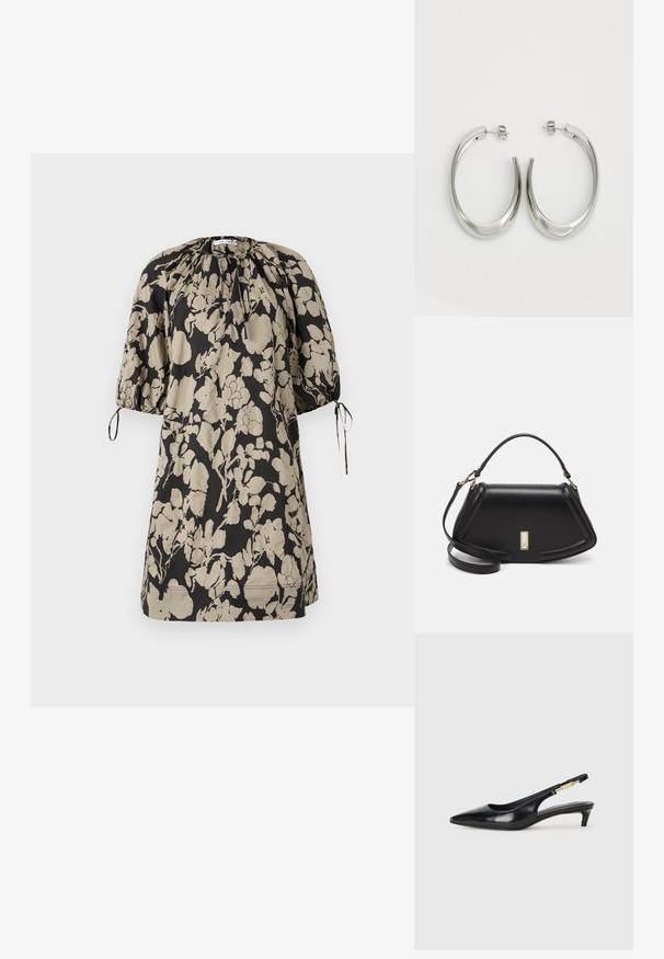 Rochie cu imprimeu floral în negru și bej, realizată dintr-un material moale. Are un decolteu adunat și mâneci scurte tip puff cu legături.; Sandale slingback din piele neagră cu vârf ascuțit, având un toc subțire și un accent de culoare aurie pe curea ajustabilă. Textură netedă.; Geantă de umăr din piele neagră, cu un design structurat, având o formă tăiată, mânere superioare și accente din aur. Include o curea de umăr ajustabilă.; Cercei din argint, cu un design neted și curbat. Prezintă o finisare metalică strălucitoare și închidere cu stud. Fără modele sau accente vizibile.