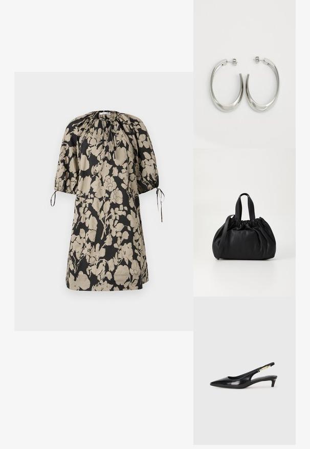 Kvetinové šaty čiernej a béžovej farby, vyrobené z mäkkého materiálu. Majú naťahovanú výstrih a krátke puffové rukávy so stuhami.; Čierne kožené slingback opätky s špicatou špičkou, s úzkym opätkom a zlatým detailom na nastaviteľnom remienku. Hladká textúra.; Čierna kožená kabelka so zberaným vrchom, s dvoma krátkymi držadlami a dlhým nastaviteľným popruhom. Hladká textura, zaoblený tvar.; Strieborné kruhové náušnice s hladkým, zakriveným dizajnom. Majú lesklý kovový povrch a zapínanie na kolík. Žiadne viditeľné vzory ani akcenty.