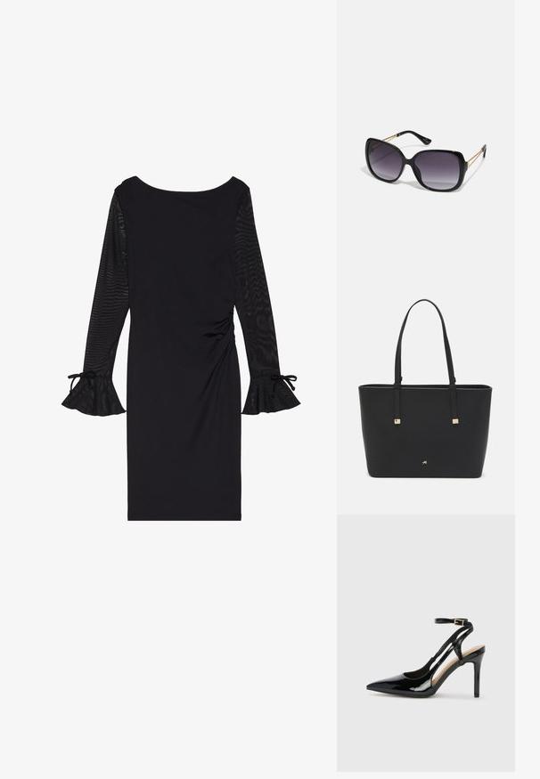 Czarna sukienka z długimi przejrzystymi rękawami, okrągłym dekoltem i rozkloszowanymi mankietami. Fason dopasowany do sylwetki, z marszczeniami po bokach.; Czarne lakierowane buty na wysokim obcasie typu slingback z wysmuklonym noskiem, regulowanym paskiem na kostce i otwartymi bokami. Gładka faktura.; Czarne oversize okulary przeciwsłoneczne z gradientowymi soczewkami, grubymi oprawkami i złotym łańcuszkiem na ramionach.; Czarna torba typu tote wykonana z materiału syntetycznego, z prostym prostokątnym wzorem, złotymi kwadratowymi akcentami i podwójnymi uchwytami.