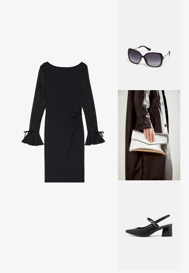 Robe noire avec de longues manches transparentes, un col rond et des poignets évasés. Le corps est ajusté avec des détails froncés sur le côté.; Escarpins slingback en cuir verni noir avec un embout pointu, un design à découpes arrondies et un talon carré. Présente un accent de boucle en ton doré.; Lunettes de soleil noires surdimensionnées avec des verres dégradés, monture épaisse et détails en chaîne dorée sur les branches.; Pochette métallique argentée avec un design d'enveloppe angulaire, texture lisse et couleur intérieure contrastante, tenue dans une main portant un manteau noir.