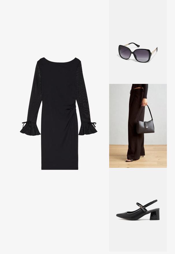 Svart klänning med långa genomskinliga ärmar, rund halsringning och utsvängda manschetter. Kroppen är åtsittande med rynkade detaljer på sidan.; Svarta lackläder slingback-klackar med spetsig tå, en rundad utskärning och en blockklack. Utsmyckad med en spänne i guldton.; Svarta överdimensionerade solglasögon med gradientlinser, tjocka bågar och kedjedetaljer i guldton vid tempelarmarna.; Svart handväska med strukturerad form, slät yta och metallspänne. Matchad med vida svarta byxor och sandaler med öppen tå på trägolv.