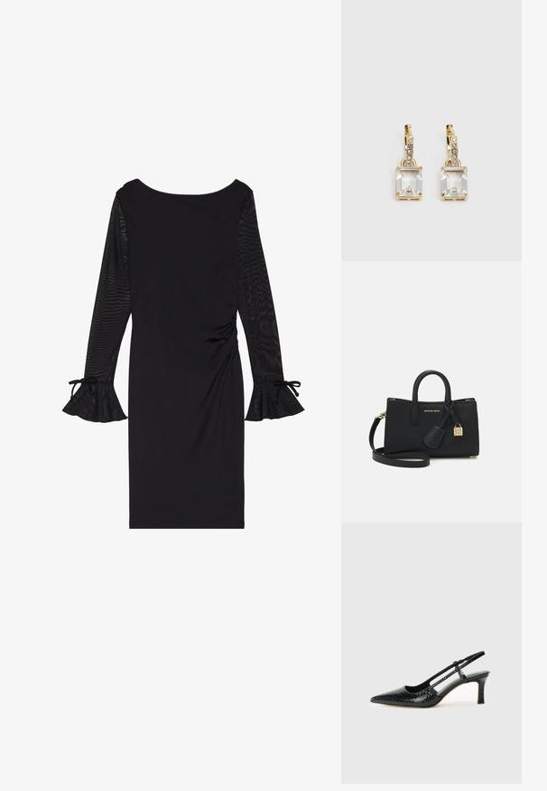 Črna obleka z dolgimi prosojnimi rokavi, okroglim izrezom in razširjenimi manšetami. Obleka je prilegajoča s nabranimi detajli ob strani.; Črne lakaste slingback pete s koničastim nosom, ki imajo teksturiran vzorec kačje kože, nastavljiv trak in kratek teksturiran blok peto.; Črna usnjena torbica s strukturiranim dizajnom, zgornjimi ročaji in snemljivim naramnim trakom. Opremljena je z zlatim okovjem in charms z logotipom.; Zlato obarvani uhani, ki vsebujejo pravokoten, prozoren kristal, obešen pod vrsto majhnih, okroglih prozornih dodatkov. Elegantna, moderna zasnova.