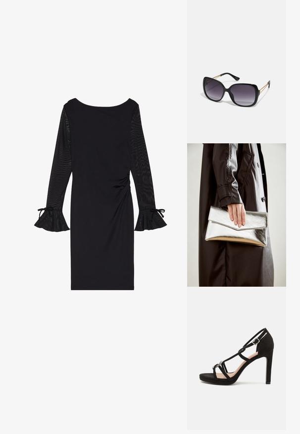 Robe noire avec de longues manches transparentes, un col rond et des poignets évasés. Le corps est ajusté avec des détails froncés sur le côté.; Sandale à talons hauts en suede noir avec des brides croisées, un accent décoratif en métal argenté et une semelle à plateforme pour plus de hauteur.; Lunettes de soleil noires surdimensionnées avec des verres dégradés, monture épaisse et détails en chaîne dorée sur les branches.; Pochette métallique argentée avec un design d'enveloppe angulaire, texture lisse et couleur intérieure contrastante, tenue dans une main portant un manteau noir.