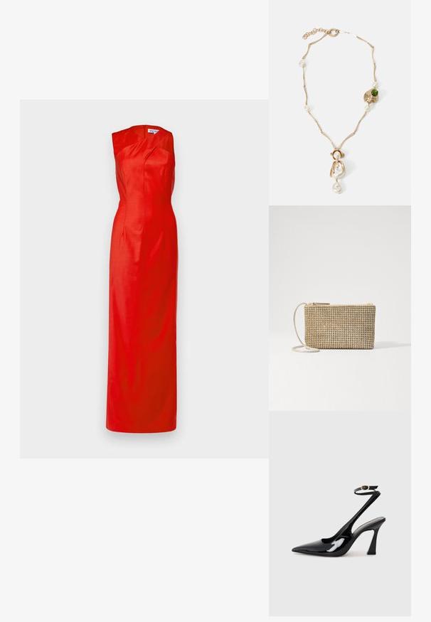 Sarkanais bez piedurknēm tērps ar pieguļošu korpusu un plūstošu svārku, izgatavots no gludas auduma. Sānu rāvējslēdzēja aizdare un eleganta drapēta dekoltē.; Melnas patentā ādas augstpapēžu kurpes ar norādītu purngalu, regulējamu potītes siksniņu un mērenu bloku papēdi. Gluda tekstūra ar spīdīgu apdari.; Loeffler Randall YASMINE FLAT CLUTCH - Plecu soma - gold; Zelta tonis kaklarota ar savirpinātām saistēm, baltām pērlem un zaļa akmens akcentu. Izceļas ar sarežģītām detaļām un aizdari, lai nostiprinātu.