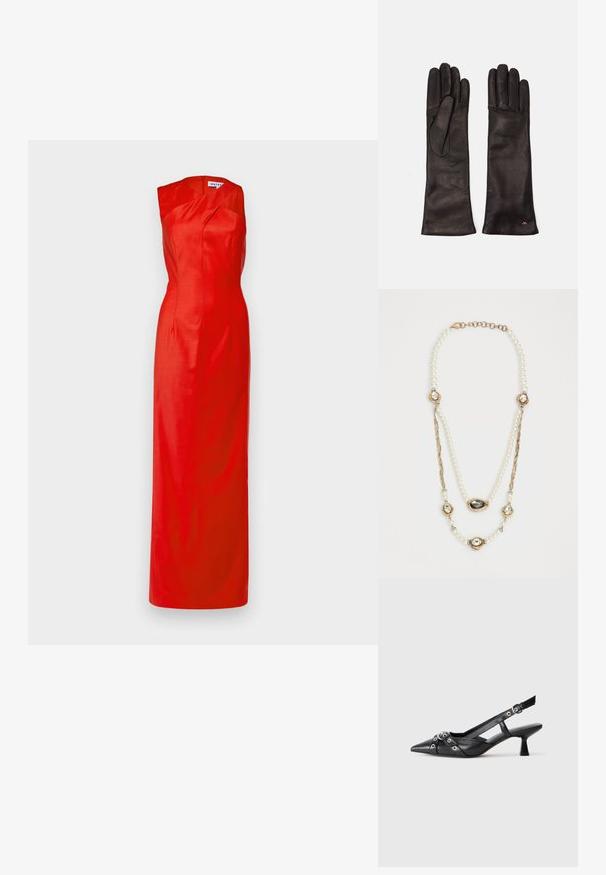 Raudona trumpa suknelė be rankovių, su prigludusia liemene ir plazdančia sijona, pagaminta iš lygaus audinio. Šoninis užtrauktukas ir elegantiškas drapiruotas iškirpimas.; Juodas odinis slingback tipo batai su smailiu priekiniu atvartu, dekoratyvinėmis sagtimis su metaliniais akyčiais ir žemu blokiniu kulnu. Saldus paviršius.; Weekend Max Mara SENAPE - Pirštinės - nero; Perlų vėrinys su auksiniais akcentais, trijų brangakmeniais puoštų užsegimų ir pintos grandinės sekcija. spalvų paletę sudaro balta ir auksinė.