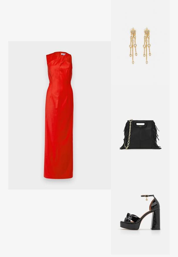 Sarkanais bez piedurknēm tērps ar pieguļošu korpusu un plūstošu svārku, izgatavots no gludas auduma. Sānu rāvējslēdzēja aizdare un eleganta drapēta dekoltē.; Maje Augstpapēžu sandales - noir; Melna ādas rokassoma ar frizūras detaļām, zelta ķēdes plecu siksnu un izgrieztu rokturi. Ir logotipa novietojums priekšpusē.; Zelta tonī auskari ar vairākiem kaskādes ķēdēm, kas rotāti ar caurspīdīgiem ovāliem rhinestone akcentiem un dekoratīvām pīrsingiem.