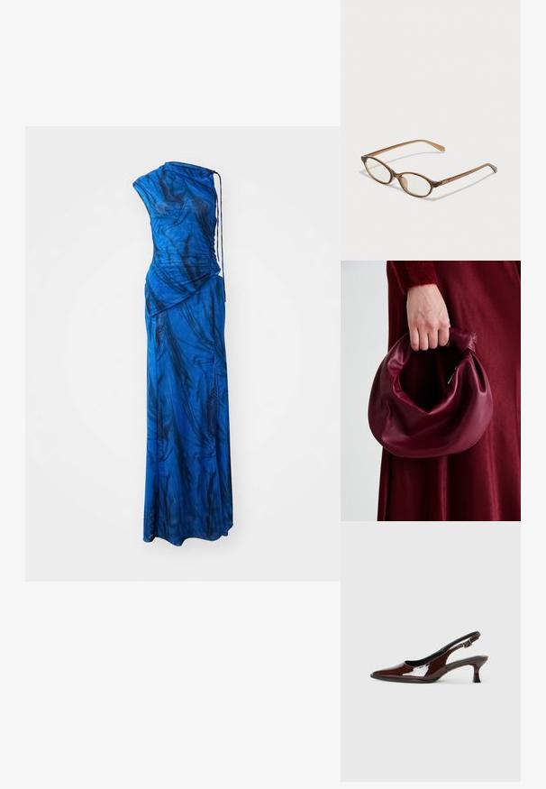 Weekday MEL DRAPY DRESS - Maxikjole - blue bright; Brune patentlæder slingback sko med spids tå og moderat hæl. Har en spænde rem for sikker pasform. Glat tekstur.; Brune skjellbriller med ovale linser, tynne stenger og gjennomsiktige detaljer. Har en subtil logo på stangen. Elegant, lett design.; Bordeaux lærhåndveske med et mykt, samlet design og avrundet form. Håndtaket er festet, og viser en glatt tekstur.