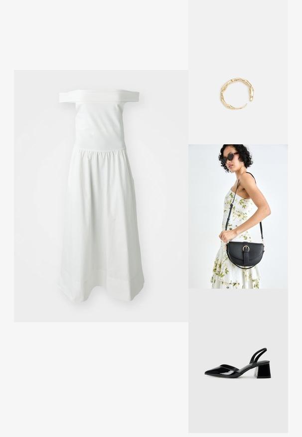 Weißes schulterfreies Kleid mit tailliertem Oberteil und elastischem Bund, ausgestattet mit einem fließenden, gerafften Rock und einer glatten Textur.; Schwarze Lackleder-Slingback-High Heels mit spitzem Schuh und einem geometrischen Blockabsatz. Verfügt über ein schlankes, minimalistisches Design und eine glatte Textur.; Schwarze Lederhandtasche mit geschwungener Form, abnehmbarem Tragegurt und goldenen Beschlägen. Die Tasche verfügt über einen Deckel mit einer Schnallen-Details.; Goldfarbener Ring mit einem organischen, gedrehten Design, glatter Oberfläche und sich verjüngenden Enden, was ein modernes, skulpturales Erscheinungsbild erzeugt.