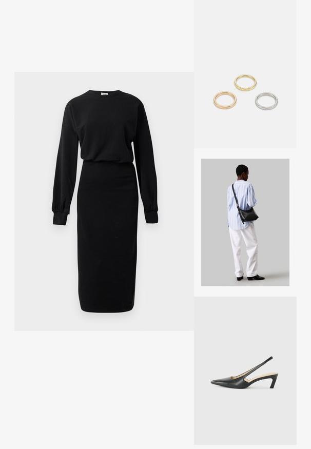 Czarna sukienka z długim rękawem, okrągłym dekoltem i dopasowaną spódnicą midi, z bufkami przy rękawach oraz luźną górną częścią.; Czarny but na obcasie typu slingback z ostro zakończonym noskiem, z niskim obcasem, wykonany z gładkiej skóry, z wycięciem po boku dla lepszej wentylacji.; Czarna skórzana torba na ramię o miękkiej fakturze, w kształcie trójkąta, z regulowanym paskiem, połączona z jasnoniebieską koszulą w paski i białymi spodniami.; Trzy metalowe pierścienie: jeden w różowym złocie, jeden złoty z teksturowanymi akcentami, oraz jeden srebrny, wszystkie z wygrawerowanym brandingiem na wewnętrznej stronie.
