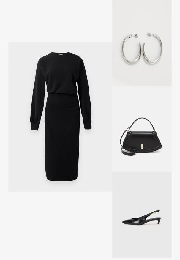 Long-sleeve black dress with a crew neck and fitted midi-length skirt, featuring gathered cuffs and a relaxed top section.; Black leather slingback heels with a pointed toe, featuring a slim heel and a gold-tone accent on the adjustable strap. Smooth texture.; Black leather handbag with a structured design, featuring a cropped shape, top handle, and gold hardware accent. Adjustable shoulder strap included.; Silver hoop earrings with a smooth, curved design. Features a shiny metallic finish and stud closure. No visible patterns or accents.
