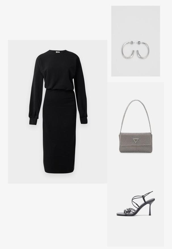 Rochie neagră cu mânecă lungă, guler rotund și fustă midi ajustată, dotată cu mansete pliate și o parte superioară lejeră.; Sandale negre cu toc înalt au curele subțiri cu un design legat, un vârf pătrat neted și un toc stiletto elegant.; Geantă metalică gri deschis, cu un strap din lanț, decorată cu mici ținte circulare metalice și un logo de marcă triangular.; Cercei rotunzi din argint cu un finisaj neted și strălucitor. Design ușor, având o formă rotundă și închidere cu tijă.