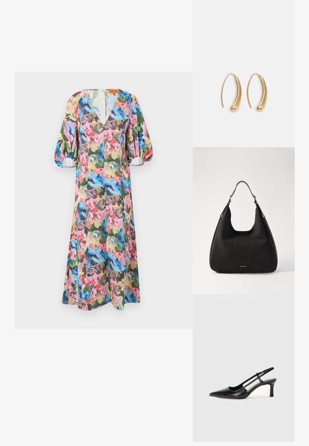Oblačilo s cvetličnim vzorcem v živahnih barvah, kot so roza, modra in zelena. Ima V-izrez, obsežne rokave in dolžino do kolen. Lahka tkanina.; Črne lakaste slingback pete s koničastim nosom, ki imajo teksturiran vzorec kačje kože, nastavljiv trak in kratek teksturiran blok peto.; MICHAEL Michael Kors NOLITA HOBO  - Torbica - black; Zlato-tonirani kovinski uhani v obliki obroča s krivuljo in podolgovato obliko. Imajo gladko, sijočo površino in zaobljen vrh za dodaten detajl.