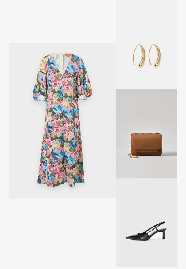 Blomstrete kjole i livlige farger som rosa, blå og grønn. Har V-hals, voluminøse ermer og en knelangs hem. Lett materiale.; Sorte patent slingback hæl med spids tå, featuring tekstureret slangeskind, justerbar rem og en kort, tekstureret blokhæl.; Brun teksturert lær crossover-veske med gullkjede-stropp og klaffelukking. Fronten har logo-detalj og en lomme under klaffen.; Gullfargede metalløredobber med en buet, forlenget form. Har en jevn, blank overflate og en avrundet tupp for ekstra detaljer.