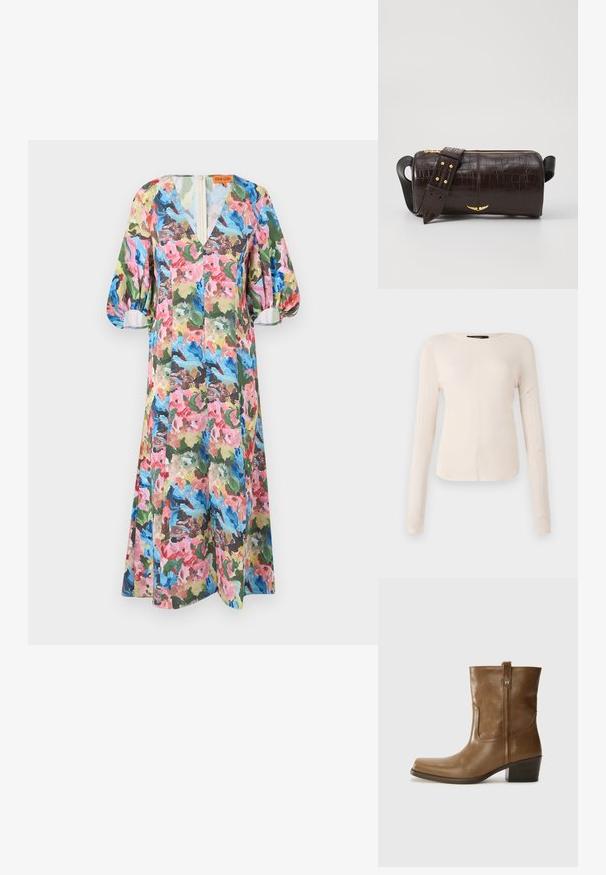 Vestido con estampado floral en colores vibrantes como rosa, azul y verde. Presenta un escote en V, mangas voluminosas y un dobladillo hasta la rodilla. Tela ligera.; Top de manga larga, color beige claro, con cuello redondo. Fabricado en un tejido suave, presenta una costura central y un dobladillo ligeramente curvado. Sin herrajes visibles.; Botín de cuero marrón hasta el tobillo, con punta cuadrada, acabado texturizado y un tacón bajo apilado. Presenta una pestaña trasera y detalles de costura sutiles.; Bolso de cuero marrón con estampado de cocodrilo, de forma cilíndrica, con herrajes en tono dorado y una correa desmontable con tachuelas.