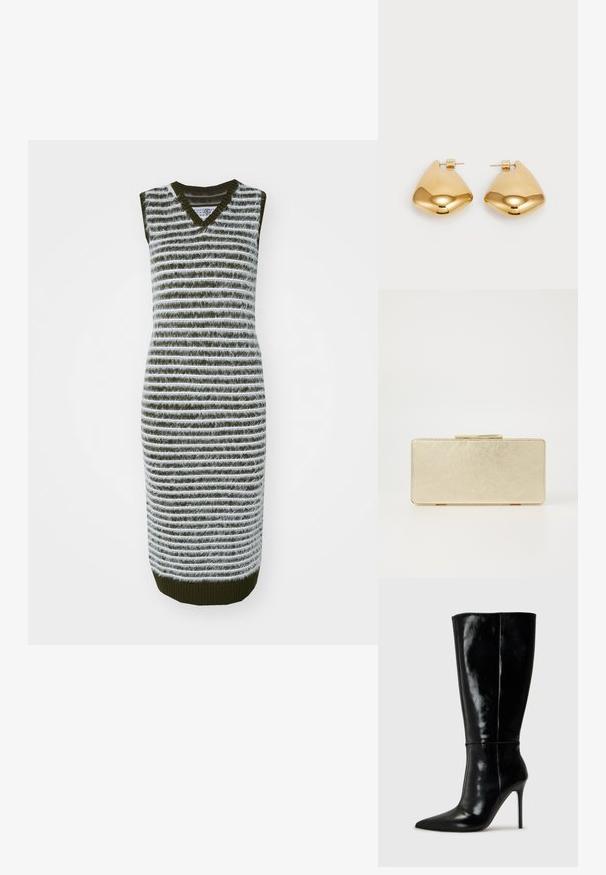 Stickad ärmlös klänning med gröna och vita horisontella ränder, V-ringning, figurnära silhuett och ribbat fållmönster.; Svarta läderknähöga stövlar med spetsig tå och hög stilettklack. Slät textur och elegant design med minimal detaljer.; Guldväska med en jämn metallisk yta, rektangulär form och ett enkelt lås. Ingen synlig mönster eller dekorationer.; Guldtonade metallörhängen med en slät, rundad triangulär form och design med postback; reflekterande yta med minimal detaljering.