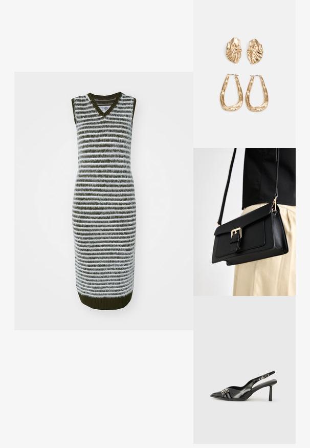 Adīts bez piedurknēm kleita ar zaļām un baltām horizontālām svītrām, V-veida kakla izgriezumu, pieguļošu siluetu un ribota apakšmala.; Melnā patentēta ādas sandale ar norādītu purngalu, potītes siksniņām ar sudraba sprādzēm un aparatūru, kā arī smalku papēdi.; Melnā mākslīgās ādas rokassoma ar zelta toni sprādzi, plakana dizaina un regulējamu siksnu, izlikta pret gaišu fonu.; Zelta krāsas auskari ar teksturētām, viļņotām formām. Iekļauts skulpturāls piespraužams modelis un atvērta gredzenveida konstrukcija ar izsistām virsmām.