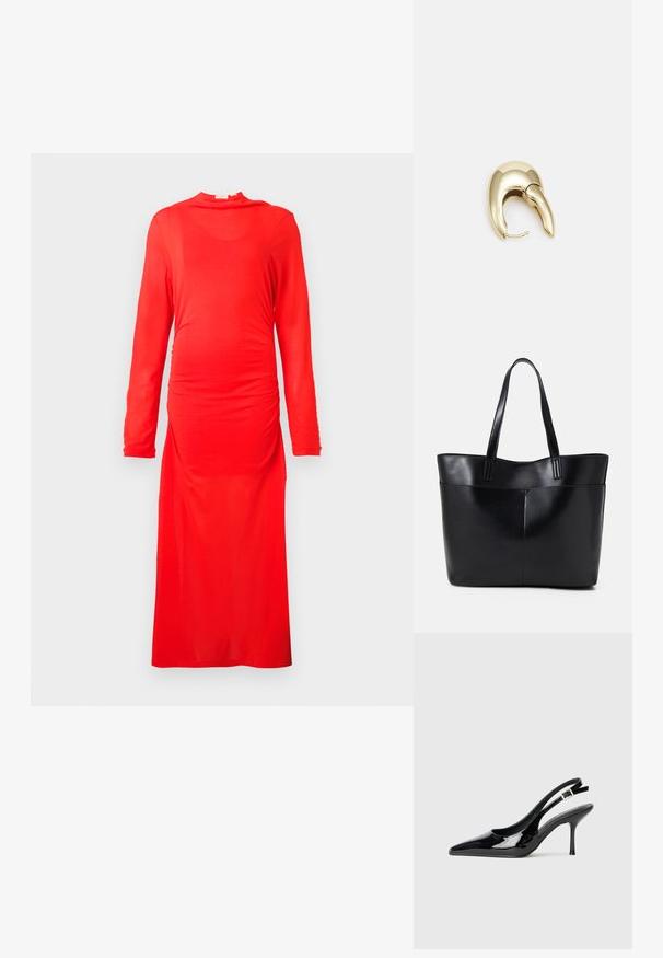 Raudona ilga rankovė suknelė, pagaminta iš lygaus, tamprus audinio. Papuošta susiraukšlėjimu juosmens srityje ir aukštu apykaklės dizainu, sukelia grindis siekiančią kirpimą.; Juodos patentinės odos slingback aukštakulniai su smailiu pirštu ir plonu kulnu. Yra reguliuojama sagtis gale. Lygi tekstūra.; Juoda odinė rankinė su dviem ilgais diržais, lygiu paviršiumi ir struktūrizuota forma. Yra priekinė kišenė papildomam saugojimui.; Aukso tono metalinės auskarai su stilingu, kreiviu dizainu. Išsiskiria ryškiu smailiu pavidalu, poliruota paviršiumi ir užsegimu su vyriu.