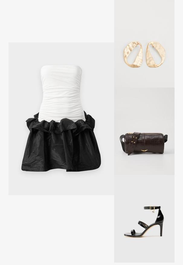 Šaty bez ramienok so sviežou, prispôsobenou bielou korzetovou časťou s naberanou textúrou a čiernou, lesklou sukňou s volánovým lemom.; Čierne lakované sandále s tromi pásikmi, spona na členku a 10 cm ihlovým podpätkom. Obsahujú zlaté detaily s hardwarem a logo prívesok.; Hnedá taška z kože s embosovaným vzorom krokodíla, cylindrického tvaru, so zlatými hardvérovými doplnkami a odnímateľným popruhom so štítkami.; Pár nepravidelných oválnych zlatistých kovových náušníc s textúrovaným, mierne rozbitým povrchom na bielom pozadí.