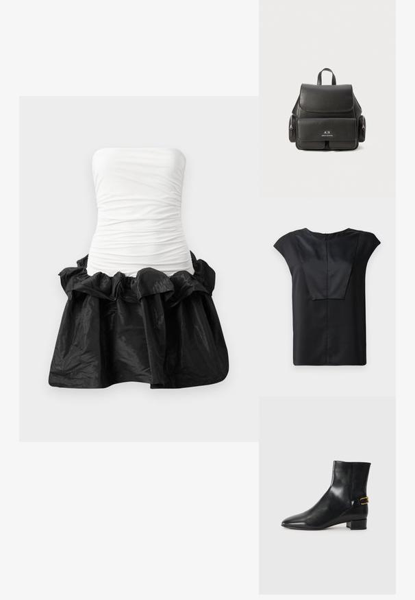 Sukienka bez ramiączek z białym, dopasowanym gorsetem o zmarszczonej strukturze i czarną, błyszczącą spódnicą z falbaną.; Czarny krótki top z krótkim rękawem wykonany z gładkiego materiału, z szerokim dekoltem, prostokątnym wzorem z przodu i dyskretnym zamkiem błyskawicznym z tyłu.; Czarne skórzane botki kostki z wąskim noskiem, blokowym obcasem i ozdobnym złotym zapięciem z tyłu. Gładka faktura, minimalistyczny design.; Czarna skórzana plecak z klapą, przednią kieszenią, bocznymi kieszeniami na zamek oraz uchwytem u góry. Ma logo na przedniej stronie.