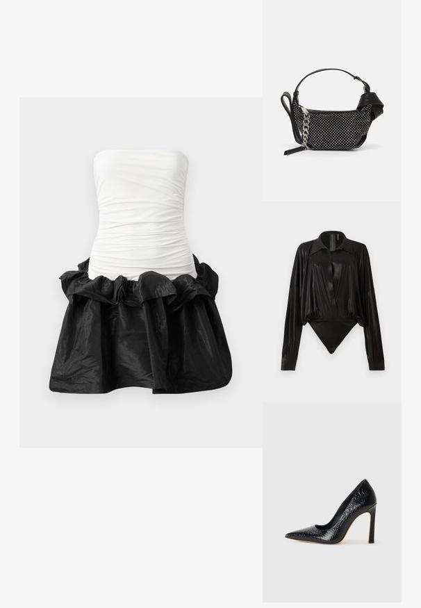 Strapless dress featuring a white, fitted bodice with gathered texture and a black, shiny skirt with ruffled hem.; Black bodysuit with long sleeves, V-neck, and a fitted silhouette. Made of shiny, smooth fabric with a structured collar and cuffs.; Black pointed-toe high heel shoe with a crocodile-skin texture, featuring a sleek design, high stiletto heel, and smooth black interior.; Black handbag with a textured design, adorned with silver studs and a chunky silver chain strap. Features a sleek, minimalist shape.