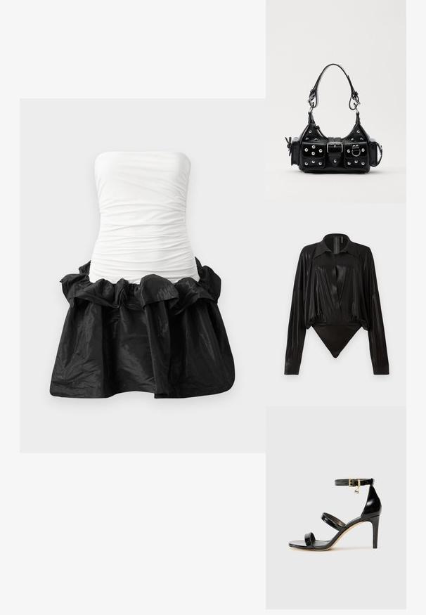 Šaty bez ramienok so sviežou, prispôsobenou bielou korzetovou časťou s naberanou textúrou a čiernou, lesklou sukňou s volánovým lemom.; Čierny body s dlhými rukávmi, výstrihom do V a priliehavým strihom. Vyrobené z lesklého, hladkého materiálu so štruktúrovaným golierom a manžetami.; Čierne lakované sandále s tromi pásikmi, spona na členku a 10 cm ihlovým podpätkom. Obsahujú zlaté detaily s hardwarem a logo prívesok.; Čierna kožená kabelka s zakriveným dizajnom, doplnená striebornými cvočkami, prackou a dvoma bočnými vreckami. Nastaviteľný popruh poskytuje rôzne možnosti nosenia.