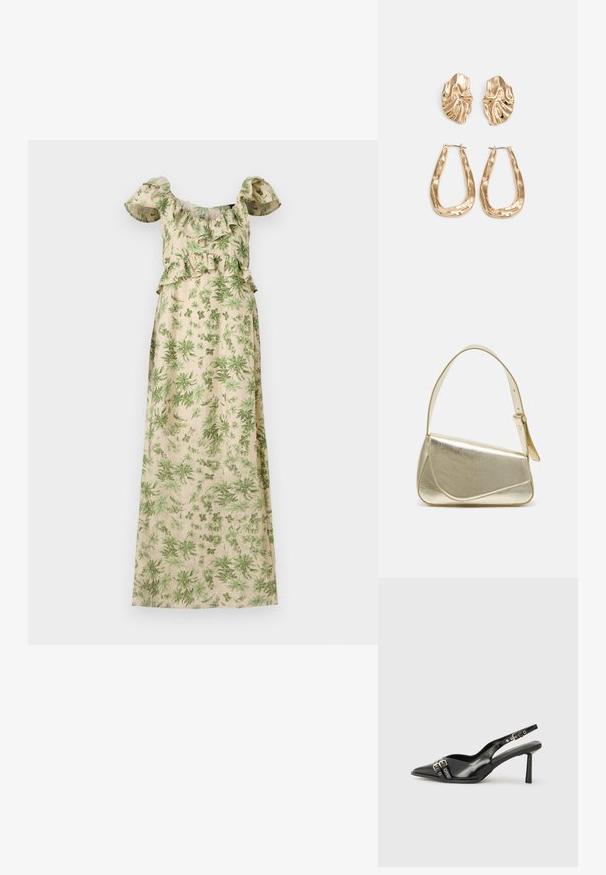 Virágmintás maxi ruha bézs alapon zöld levelekkel, fodros, vállról lecsúszó ujjakkal és testhez simuló derékkal.; Fekete lakk bőr, hegyes orrú slingback cipő, boka pántokkal, ezüst csatokkal és hardverelemekkel, valamint karcsú sarkú.; Arany fémes kézi táska, strukturált dizájnnal, sima felülettel és állítható pánttal. Egyedi háromszög alakú, minimalistának mondható varrásokkal rendelkezik.; Aranyszínű fülbevalók, texturált, hullámos formákkal. Tartalmazza a szobrászati klipszes studokat és az open hoop kialakítást, kalapácsos felülettel.