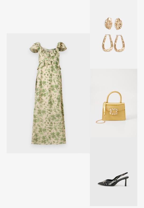 Kvetinové maxi šaty s zeleným lístkovým vzorom na béžovom pozadí, so volánovými rukávmi bez ramienok a priliehavým pásom.; Čierne lakované kožené slingback topánky s špicatou špičkou, remienkami okolo členku s striebornými prackami a hardvérom, a štíhlým podpätkom.; Žltá falošná krokodília kabelka so štruktúrovaným dizajnom, horným držadlom, odnímateľným reťazovým popruhom a dekoratívnym kryštálovým ozdobením na zapínaní.; Náušnice v zlatej farbe s textúrovanými, vlnitými tvarmi. Obsahujú sochárske klipsové náušnice a otvorený tvar krúžku s kladivkovým povrchom.