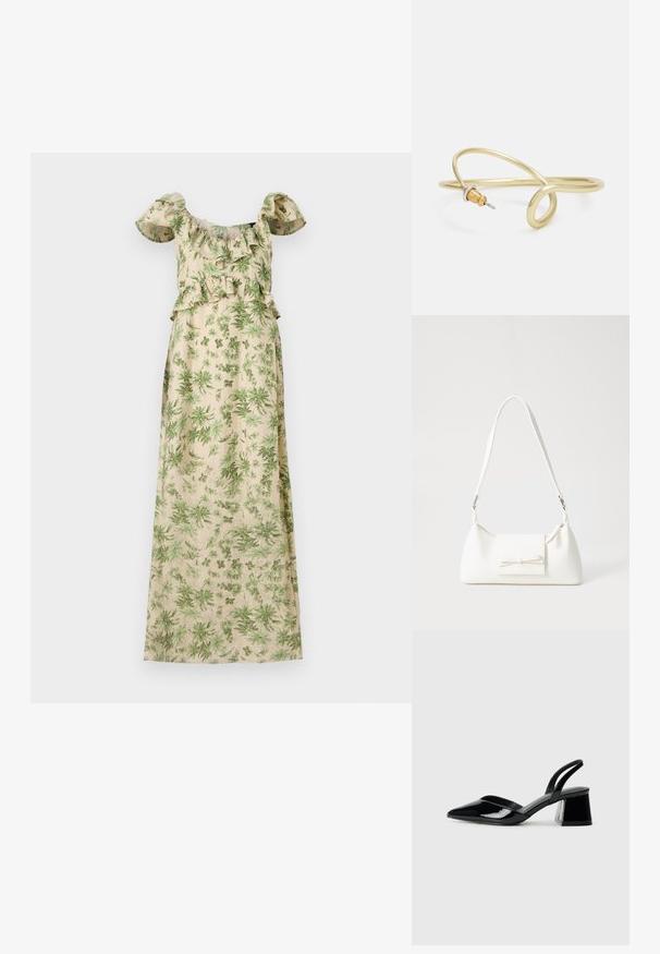 Kvetinové maxi šaty s zeleným lístkovým vzorom na béžovom pozadí, so volánovými rukávmi bez ramienok a priliehavým pásom.; Čierne lakované kožené sandálové podpätky s špicatou špičkou a geometrickým blokovým podpätkom. Disponujú elegantným, minimalistickým dizajnom a hladkým povrchom.; Biela syntetická kabelka s trojuholníkovým tvarom, plochým predným klapkou a detailom mašle, nastaviteľným popruhom, hladkou textúrou a minimalistickým dizajnom.; Náušnica zo zlato sfarbeného kovu s plynulým, zakriveným dizajnom. Na jednom konci je malý, výrazný strieborný akcent.