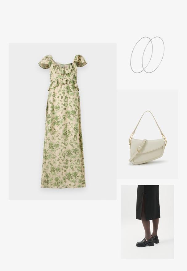 Gėlėtas maksi suknelė su žaliu lapų raštu ant smėlio spalvos fono, banguotos peties suknelės rankovės ir prigludusi juosmens linija.; Juodos odinės bateliai su apvaliu nosiu, stora blokine pakulne ir elastingais šonais, derinami su tamsiomis pėdkelnėmis ir juoda sijonu su plyšiu.; Mažas kreminis rankinukas su tekstūruotu paviršiumi, ilga reguliuojama juostele, grandinėle ir užsegimu su atvartu. Aukso detalės.; Sidabrinės pusmėnulio auskarai minimalistiniu dizainu. Apskritimo forma, lygus paviršius ir plonas profilis. Lengvi su poliruotu apdailu.