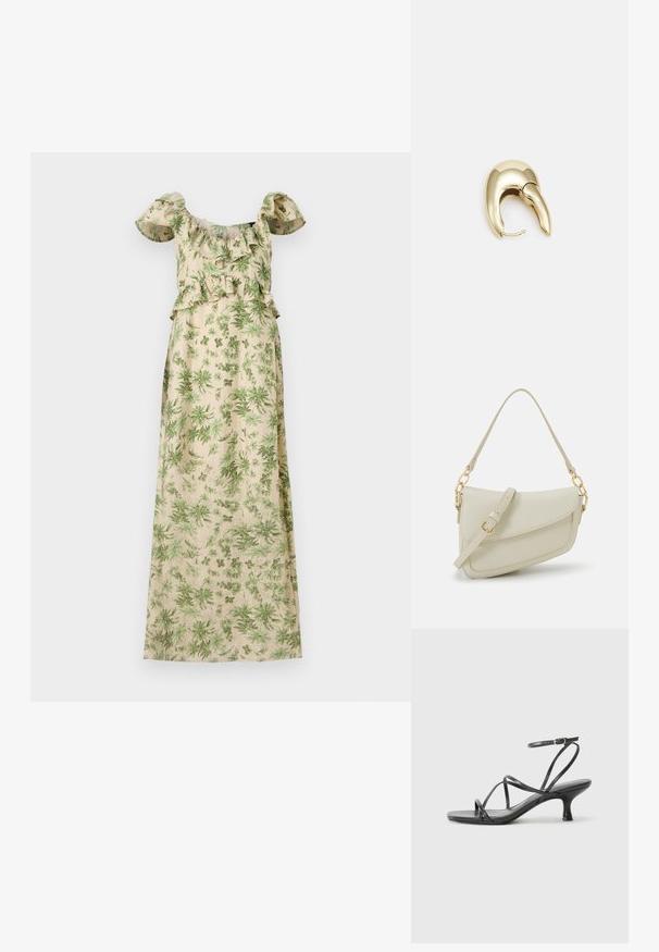 Kvetinové maxi šaty s zeleným lístkovým vzorom na béžovom pozadí, so volánovými rukávmi bez ramienok a priliehavým pásom.; Čierne lodičky na podpätku s tenkými remienkami, otvorenou špičkou a malým rozšíreným podpätkom. Materiál vyzerá hladko a lesklo.; Malá krémová kabelka s textúrovaným povrchom, dlhým nastaviteľným popruhom, reťazovým detailom a klopovým uzáverom. Zlaté kovové prvky.; Náušnice z kovu v zlatej farbe s elegantným, zakriveným dizajnom. Majú charakteristický špicatý tvar, leštený povrch a uzáver na pánt.
