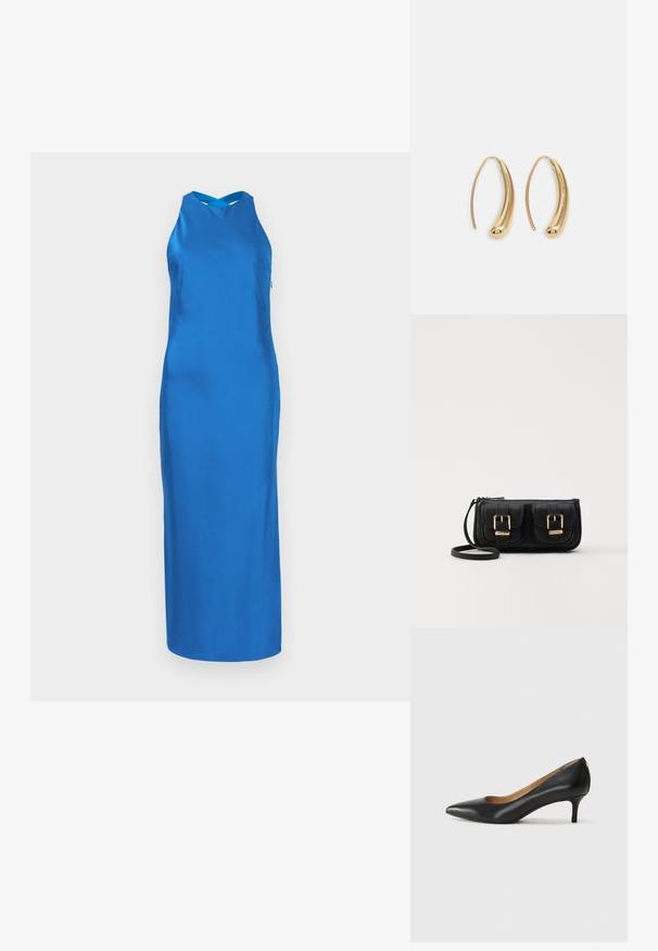 Rochie de satin albastru cu o siluetă elegantă, cu guler halter și o fustă lungă. Textură netedă, design minimalistic, fără modele sau accente vizibile.; Pantofii din piele neagră au vârful ascuțit, toc mic și o textură netedă. Au o deschidere ușoară în față și un hardware minim în spate.; Geantă neagră din piele, tip crossbody, cu două buzunare frontale, catarame aurii, închidere cu fermoar și o curea subțire. Suprafață texturată și formă rectangulară compactă.; Cercei din metal auriu, cu un design curbat și alungit. Au o suprafață netedă și strălucitoare, cu un vârf rotunjit pentru un detaliu suplimentar.