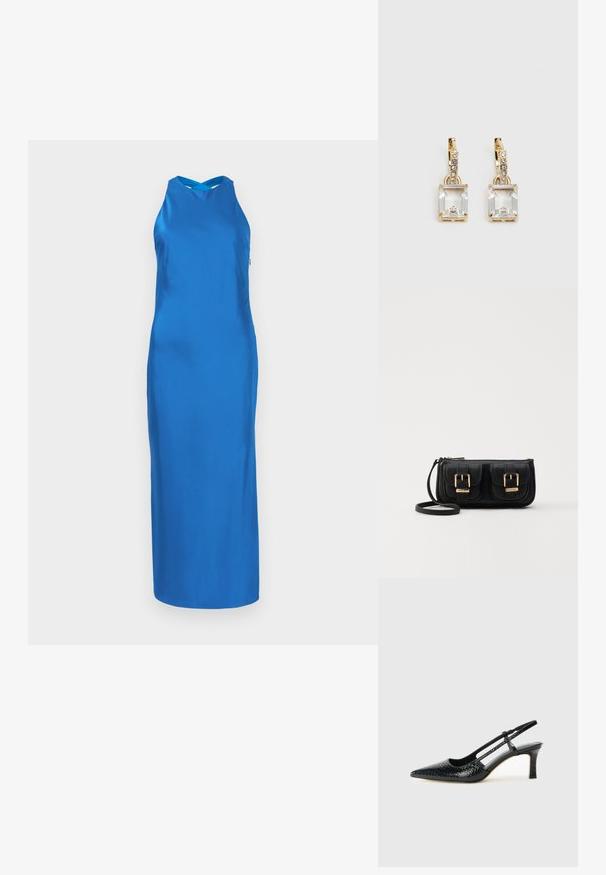 Robe en satin bleu avec une silhouette élégante, décolleté halter et une longue jupe. Texture lisse, design minimaliste, sans motifs ni accents visibles.; Escarpin slingback en vernis noir avec un bout pointu, présentant un imprimé serpent texturé, une sangle réglable et un petit talon bloc texturé.; Sac en cuir noir porté en travers avec deux poches avant, boucles dorées, fermeture zippée et une sangle fine. Surface texturée et forme rectangulaire compacte.; Boucles d'oreilles en or lumineux avec un cristal rectangulaire transparent pendent sous une rangée de petits accents ronds transparents. Design élégant et moderne.