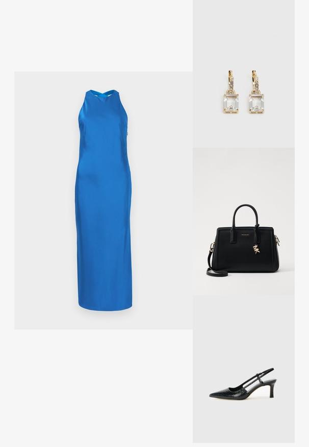 Blå satengkjole med en slank silhuett, halterneck og lang skjørt. Glatt tekstur, minimalismedesign, ingen synlige mønstre eller dekorasjoner.; Sorte patent slingback hæl med spids tå, featuring tekstureret slangeskind, justerbar rem og en kort, tekstureret blokhæl.; Svart skinnhåndveske med strukturert design, doble topphåndtak, avtakbar skulderrem, gullfarget hardware og en logo-detalj.; Gullfargede øreringer med en rektangulær, klar krystall som henger under en rad av små, runde klare akenter. Elegante, moderne design.