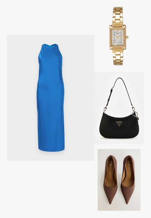Rochie de satin albastru cu o siluetă elegantă, cu guler halter și o fustă lungă. Textură netedă, design minimalistic, fără modele sau accente vizibile.; Pantofi cu toc ascuțit din satin maro, cu o textură netedă, având un vamp scăzut și o marcă subtilă pe tălpă. Mărimea 6½ (40).; Geantă de umăr sintetică neagră cu o siluetă curbată, finisaj texturat, logo triunghiular aurie și accente hardware detașabile.; Ceas de mână rectangular cu nuanță aurie, cu un cadran alb, marcaje argintii pentru ore și o brățară din linkuri metalice durabile. Include caracteristica de rezistență la apă.