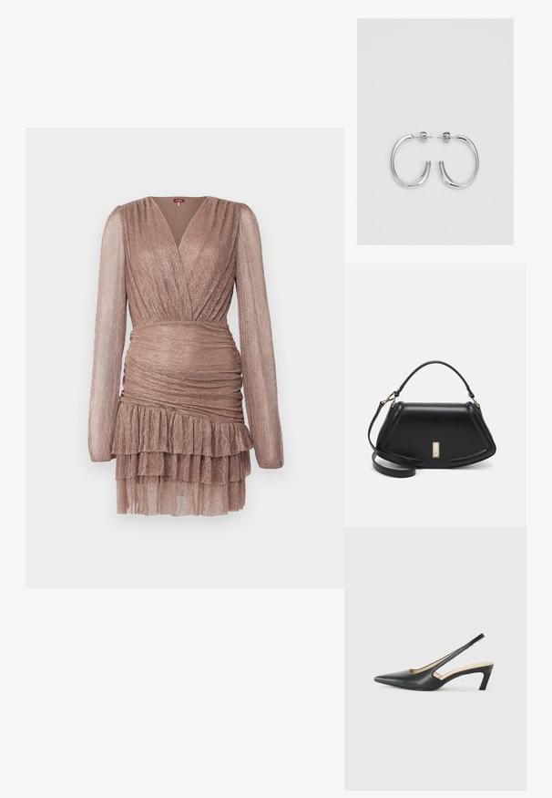 Cras ANGELCRAS DRESS - Strickkleid - champagne; Schwarzer spitz zulaufender Slingback-Schuh mit niedrigem Absatz, der aus glattem Leder gefertigt ist und seitliche Ausschnitte für Atmungsaktivität aufweist.; Schwarze Lederhandtasche mit einem strukturierten Design, das eine verkürzte Form, einen oberen Griff und goldfarbene Hardware-Details aufweist. Verstellbarer Schulterriemen ist enthalten.; Silberne Creolen mit einer glatten, glänzenden Oberfläche. Abgerundete Form, leichtes Design, mit einer Steckverschluss.