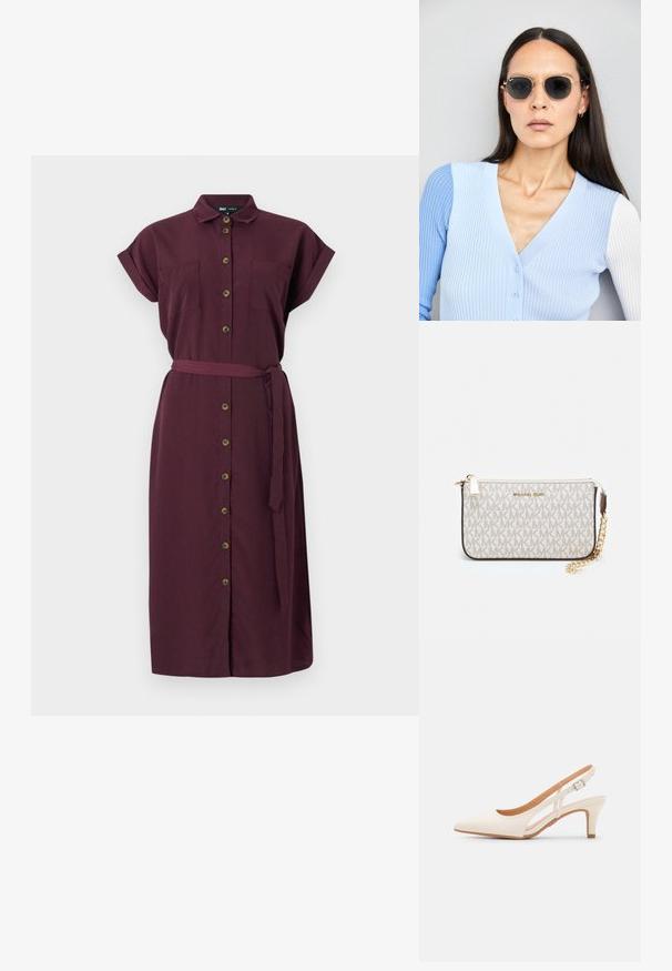 Burgundy napitapuku, joka on varustettu lyhyillä käännettävillä hihoilla, kahdella etutaskulla, kangasvyöllä ja suoralinjaisella muotoilulla. Valmistettu teksturoidusta materiaalista.; Valkoinen slingback-korkokenkä, jossa on terävä kärki, sileä päällismateriaali, matala lohkokorko ja sivuaukko-design säädettävällä soljella.; Pyöreät aurinkolasit, joissa on tummat linssit ja kultaiset kehykset. Mallilla on päällään vaaleansininen, ribatusta materiaalista valmistettu neuletakki, jossa on napit ja kontrastiväriset valkoiset hihat.; Michael Kors kääröbeige pinnoitettua kangasta, jossa on toistuva MK-logo -kuvio, kultaiset yksityiskohdat ja irrotettava ketjuhihna.