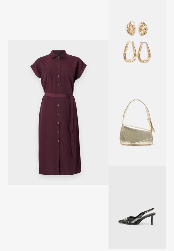 Bordowa sukienka zapinana na guziki z krótkimi, podwiniętymi rękawami, dwoma przednimi kieszeniami, materiałowym paskiem i prostym krojem. Wykonana z teksturowanego materiału.; Czarne lakierowane buty typu slingback z ostrym noskiem, paskami na kostkach z srebrnymi klamrami i elementami metalowymi oraz smukłym obcasem.; Złota metaliczna torebka o strukturalnym designie, gładkiej powierzchni i regulowanym pasku. Charakteryzuje się unikalnym trójkątnym kształtem i minimalistycznym przeszyciem.; Złote kolczyki w odcieniu, prezentujące teksturowane, faliste kształty. Zawierają rzeźbiarskie klipsy i otwarty projekt kółek z młotkowanym wykończeniem.
