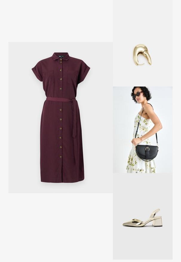 Robe boutonnée bordeaux avec des manches courtes retroussées, deux poches avant, une ceinture en tissu et une coupe droite. Fabriquée dans un matériau texturé.; Talons aiguilles dorés métalliques avec un bout pointu et un talon épais. Texture lisse, design minimaliste et une fine bride.; Sac à main en cuir noir avec une forme courbée, bandoulière amovible et des accessoires en or. Le sac est doté d'un rabat avec un détail de boucle.; Boucle d'oreille en métal doré avec un design élégant et courbé. Présente une forme conique distinctive, une surface polie et une fermeture à charnière.